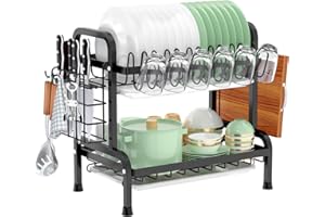 JAMATA 2-poziomowy ociekacz do naczyń ze stali nierdzewnej w kolorze czarnym do zlewu, zintegrowanym uchwytem na przybory i uchwytem na kubek, idealny do talerzy, filiżanek i desek do krojenia