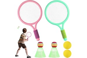 TZQFROCE 1 Paar Federball Set Kinder Tennisschläger Spielzeug Kinder Badminton Spielzeug mit 2 Soft Trainingsbälle und 2 Badminton Birdies für Kinder 3 4 5 6 Jahre Outdoor Sport