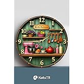 kutuTR UV Baskılı 3D G&ouml;r&uuml;n&uuml;ml&uuml; Vintage Mutfak Temalı Ahşap Duvar Saati &ndash; 33x33 cm Sdw155