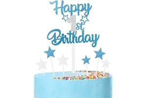 mciskin Blue and Silver Party Decorations,Girls Boys 1st Birthday Decorations,Personalised First Cake/Cupcake Toppers Decorate,Blue Silver Happy 1st Birthday Cake Toppers for Party Favor Supplies