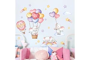 Supzone Adesivi Murali Bambini Mongolfiere Colorate e Elefante, Sticker da Muro per Camere Ragazze e Asilo Nido - Adesivi per Camera da Letto e Stanza Giochi