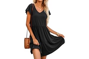 HOTOUCH Womens Summer Dress Casual Short Sleeve V-Neck Swing Dresses Flowy Tiered Ruffle Dress with Pockets
