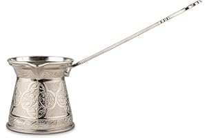 Alisveristime Auténtica cafetera turca, hecha a mano, Cezve/Ibrik, 2.95 pulgadas de ancho, 2.95 pulgadas de altura, 10.5 onzas mejora tu experiencia de café ahora. (3 tazas) (plata)