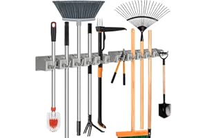 ibell 2 Piezas Colgador Escobas y Fregonas, Soporte Escobas Pared con 10 Posiciones y 12 Ganchos, Cuelga Escobas Gancho Pared y Organizador de Utensilios para para Inicio y Jardín