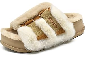 KuaiLu Womens Fluff Platform Open Toe Slipper with Arch Support Ladies Fashion Furry Sliders Orthotic Faux Fur Sandal Adjustable House Slippers Indoor Outdoor Size 4~10