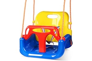 Glymnis Columpio Infantil Columpio 3 en 1 con Respaldo y Protección Frontal Desmontable para Seguridad con Cuerda para Niños Azul