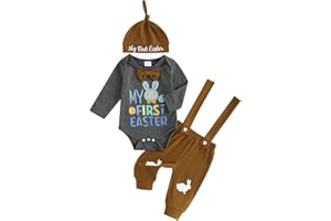 Mesalynch Newborn Baby Boys My 1st First Easter Outfits 3pcs Set Long Sleeve Easter Bunny Letters My First Easter Print Romper Bodysuit Spaghetti Straps Long Pants with Hat