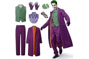 IEEILULU Joker Kostüm Herren, Horror Clown Kostüm Herren Halloween Killer Joker Outfit Herren Set mit Lila Mantel, Grüne Weste, Hose, Krawatte, Falschem Hemdkragen und Handschuhen für Halloween