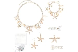 Beipegin Accessoires de Deguisement Sirene Femme Fille,Collier Coquillage Bracelet Coquillage Étoile de Mer Pince à Cheveux Paillettes Visage Costume Sirene Femme