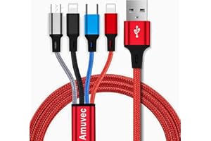 Amuvec Multi Charger Cable, 4 in 1 3A USB Fast Charging Cord Nylon Braided with 2iP Type C Micro USB Connector, for Phone, Samsung Galaxy S22 S20 S10 S9 Plus, Huawei, Sony, Moto, Xiaomi, LG, PS5-1.2M