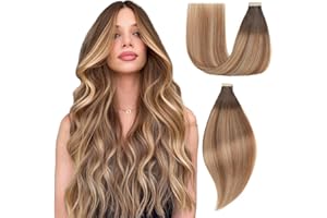 Einbeauty Extension Capelli Veri Biadesivo 20pcs Extension Biadesive 40cm 40g Marrone scuro con marrone castagna con grigiooro Extension Biadesive Capelli Veri Extension Capelli Veri(16inch,2/6/18K#)