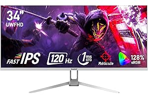 Gawfolk Écran PC IPS Ultra-Large de 34 Pouces，Moniteurs de Jeu 120Hz, 21:9 UWFHD (2560x1080), 128% sRGB, Synchronisation adaptative, Angle de Vision de 178°, DisplayPort, HDMI, VESA 75 * 75MM- Blanc