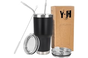 YJH Y·JH 30oz (850ml) Taza Termo Cafe Para Llevar - Vaso Con Pajita - Taza Térmica de Acero Inoxidable Reusable - 2 Tapas a Prueba de Salpicaduras Pajitas - Negro