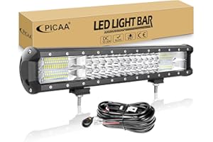 PICAA 18 inch 252W Car Led Light Bar with 12V Wiring Harness Cable Kit, Tri Row Flood Spot Combo 6000K White Offroad Light Bar Driving Fog Lamp Work Lights for 4x4 Truck SUV ATV