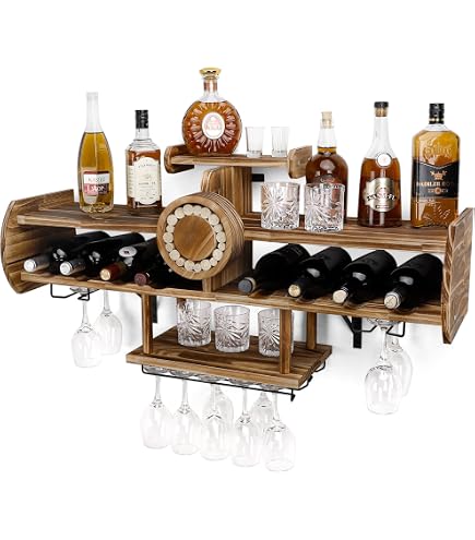 Mensola Portavino A Parete In Ferro Con Doppio Gancio | 60-150 Cm | Scaffale Espositivo Con Portabicchieri | Per Bar E Cucina | Colore Nero