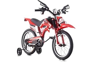 LSBIKE Kids Motorbike Style Bicycle 16”/18”/20” with Training Wheels,Kid Bike w/Dual Brake, Steel Frame, Anti-Slip Tyres – Boys & Girls Bike for Ages 4–11, 90% Pre-Assembled