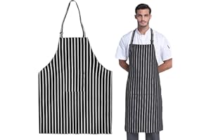 MAKOTO NOBU 2 Pezzi Grembiule Cucina, Cuoco Grembiule Uomo Donna Regolabile con tasca, per cucina e cuoco ristorante, barbecue, caffè (strisce bianche e nere)