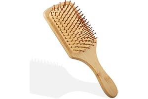 ATLIBERSWO Spazzola per capelli in bambù con forcine naturali, pettine per massaggio in legno, rotondo, antistatico, anti-arricciatura, per donne, uomini e bambini (quadrato)