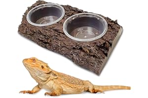 PINVNBY Double Reptile Feeding Ledge, Resin Rock Reptile Water Dish with Plastic Gecko Food Cups - Terrarium Tank Accessories for Bearded Dragons, Leopard Gecko, Lizard, Snake, Chameleon