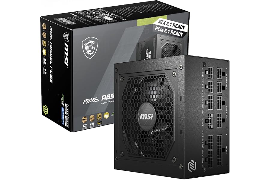 Amazon listing image: MSI MAG A850GL PCIE5 Power Supply Unit, 850W, 80 Plus Gold, Fully Modular, ATX 3.1, PCIe…