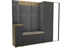 Brent - Garderobenschrank Flur Artisan Eiche Schwarz mit sitzbank 220 cm Breit Luton 8 - Multifunktionale Flurgarderobe Set mit Stauraum und Wandpaneel, Garderobe mit Sitzfläche und Kleiderhaken