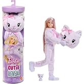 Barbie Cutie Reveal bebek ve aksesuarları, Yumuşak Dostlar Serisi kedicik, renk değişimi ve mini evcil hayvan dahil 10 s&uuml;rpri