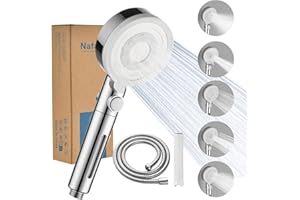 Nafall Słuchawka Prysznicowa z Filtrem – Wysokociśnieniowa Słuchawka Prysznicowa z Wężem, Głowica Prysznicowa z 5 Rodzajami, Funkcja Zatrzymywania, Oszczędzająca Wodę, Chrom Biały