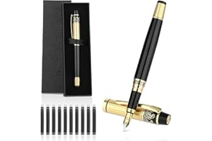 Andibro Lussuosa penna stilografica in metallo, 0,5 mm, punta fine, in acciaio inox, con 10 cartucce d'inchiostro nere da 2,6 mm, confezione regalo per uomo e ufficio