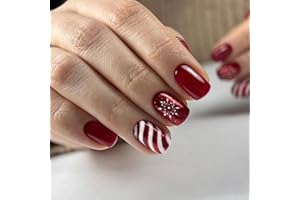 Ceboic 24 sztuki świątecznych paznokci, krótkie, francuskie, czerwone, jednokolorowe, do naklejania, białe płatki śniegu, sztuczne paznokcie z paskami, kwadratowe, akrylowe, sztuczne paznokcie dla