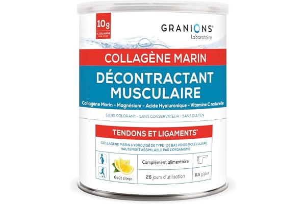 GRANIONS - Collagene Marin Poudre - DÉCONTRACTANT MUSCULAIRE - Collagene et Acide Hyaluronique + Magnesium + Vitamine C - Articulations, Tendons, Ligaments, muscle - Pot de 300 g de Collagene Marin