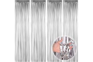 ‎O-KINEE Silvester Lametta Vorhänge Silber, 4 Stück Metallische Glitzervorhang Fringe, Glitzer Tinsel Curtain, Folienfransen Vorhang für Weihnachtsbaum Geburtstage Festivals Party ​Bühnendekor