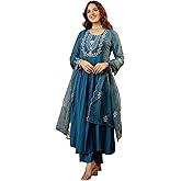 Nermosa Women Embroidery Solid A-Line Kurta and Pant Set with Dupatta
