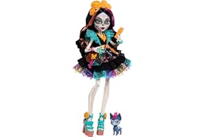 Monster High Skelita Calaveras-docka | Skelett i färgglad papel picado-klänning med hunden Candelita och 7 tillbehör som skissbok, snack och axelväska, JHK34