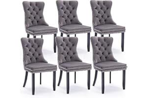 SoarFlash Ensemble de 6 Chaises de Salle à Manger en Velours, avec Dossier à Ailes tapissé, piquetage à Boutons, Garniture rivetée, Anneau décoratif de Dossier et Jambes en Bois, Gris