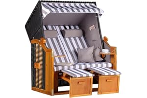 ‎MR. DEKO MR. DEKO® Strandkorb Ostsee Volllieger 2-Sitzer | PE Geflecht Schwarz Bezug Uni grau | inkl. 4 Kissen & Klapptisch | Strandstuhl verstellbar | Strandkörbe Hartholz Fußablage (Dessin Grau Weiß)