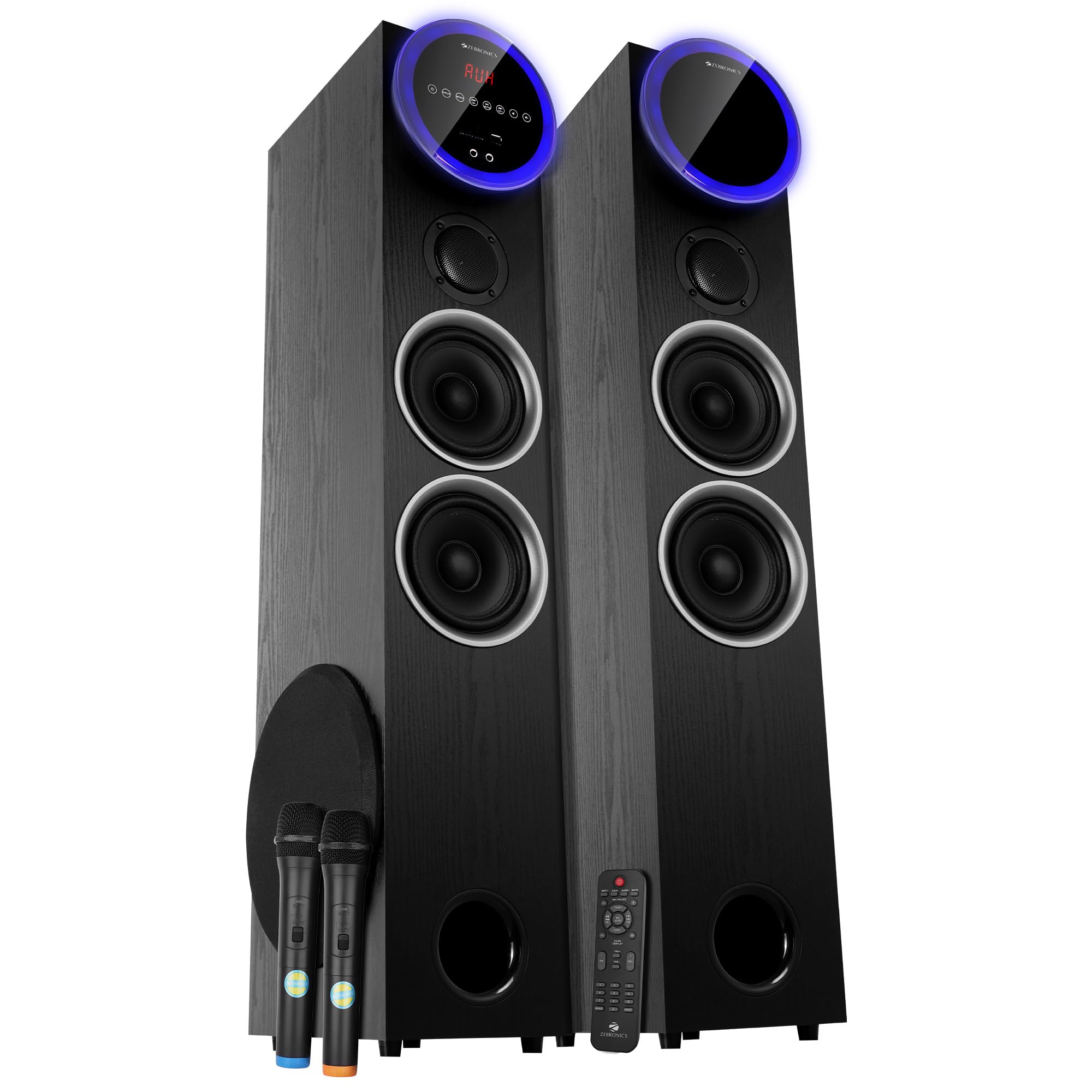 ZEBRONICS BTM9800RUCF 2.0 Tower Speaker, 200 Watts, HDMI ARC, Coaxial in, Supports Bluetooth, AUX, USB, SD, Karaoke, Dual UHF Wireless Mic, Bass & Treble Control, Powerful Bass