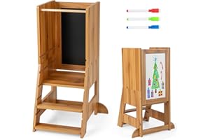 COSTWAY Kids Step Stool, Height Adjustable Toddler Kitchen Learning Tower with Safety Rail, Chalkboard & Whiteboard, Montessori Helper Stand for Kitchen Counter Bathroom Sink
