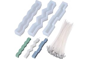 Cayway 103 PCS Candle Silicone Mould Resin Casting Candles Epoxy Mould for Resin, 3 PCS Long Wave Candle Resin Moulds and 100 PCS Candle Wick for Candle Making, Pillar Candle Silicone Moulds DIY