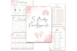 cozy racoon Babyshower Spiele Set, 5 Babyparty-Spiele (je 12 Stück) zum Ausfüllen - für Jungen und Mädchen I Persönliches Geschenk für Schwangere - Design Rosa