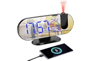 Augot Wecker mit Projektion, 9" LED-Spiegel Projektionswecker mit UKW-Radio Digital Radiowecker, 180°-Projektor, Temperatur- und Luftfeuchtigkeitsanzeige, 12/24 Std., Dual-Alarm, Snooze, 4 Dimmer