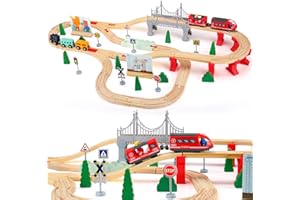 Biebuxo Wooden Train Set for Kids,108 Pcs Toddler Model Train Set Toy Railway Kit Compatible Train Sets Car Kids Toys Birthday Toys for 3 4 5 Year Old Boys Girls Gifts
