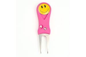 GOLF GUY GIFTS Golf Divot Repair Tool with Smiley Face Magnetic Ball Marker | Quick Release Pop-up Button | Pink with Yellow Ball Marker