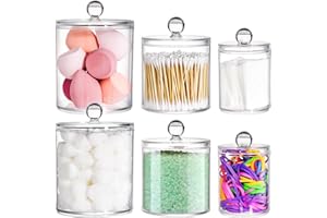 YOUEON Lot de 6 bocaux d'apothicaire avec couvercle, distributeur de cotons-tiges avec couvercle, support de boules de coton transparent, support de tampons de coton, boules de coton, maquillage