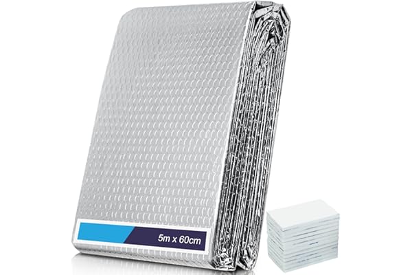 Lámina reflectora de radiador para el hogar 5 m x 60 cm, lámina de radiador de aislamiento reflectante de calor de 3 mm de espesor con almohadilla adhesiva, lámina de burbuja para radiador