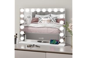 YU YUSING Miroir Maquillage Hollywood Lumineux 18 LED 80X60cm, Grand Miroir de Table Coiffeuse Cosmétique, Affichage l'heure et Température, 3 Couleurs Dimmables, Port USB, Type C, 10x, Mural