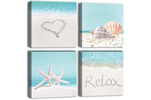 Artscope 4 Pièces Impression sur Toile - Impression sur Toile Décoration Murale pour Chambre Peintures à l'huile pour Maison Bain Salon Chambre Restaurant (30x30cm, Coquillages et Plages)