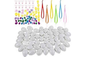 Faburo Ostereier zum Aufhängen, 50 Stück Ostern Deko Ostereier, Ostereier Plastik Set mit Kunststoffeier Schaumstoff Sticker Seidenbänder, Ostern Basteln Eier zum Bemalen für Dekoration und Geschenk