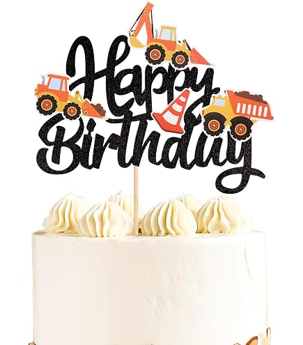 SYKYCTCY 24 PCS Construction Theme Cupcake Toppers - Glitter Truck Excavator Tractor Picks For 1st Birthday, Baby Shower