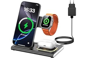 Aimtel 3 in 1 Induktive Ladestation Faltbare&Nachtlichter Kompatibel mit iPhone 17/17 Pro/17 Pro Max/17 Air/16/15/14/13,Apple Watch 11/Ultra 3/10/9/8/SE 3 für Air-Pods Pro/4/3/2 Kabelloses Ladegerät