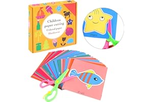 BUBUNY Papierschnitt Set Kinder, 2 Stück Kinder Sicherheit Kunststoff Schere mit 96 Blatt Papier mit Tier Früchte, Bastelschere Papierschere Scherenfähigkeiten Spaß Papierschnittkunst Lernspielzeug